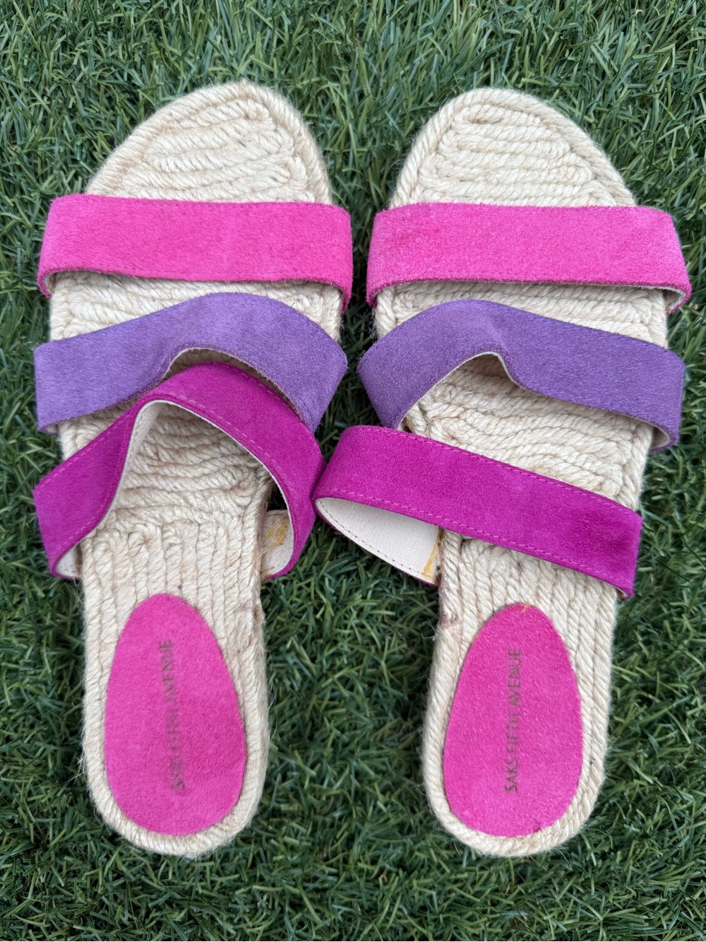 Saks Fifth Avenue Suede Colorblock Espadrille Slide Sandals Pink Purple New 8